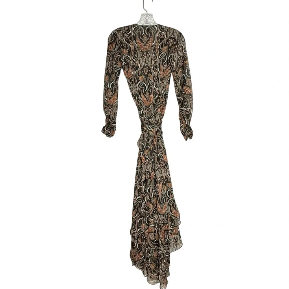 Long Sleeve Paisley Wrap Maxi Dress in Black and Brown